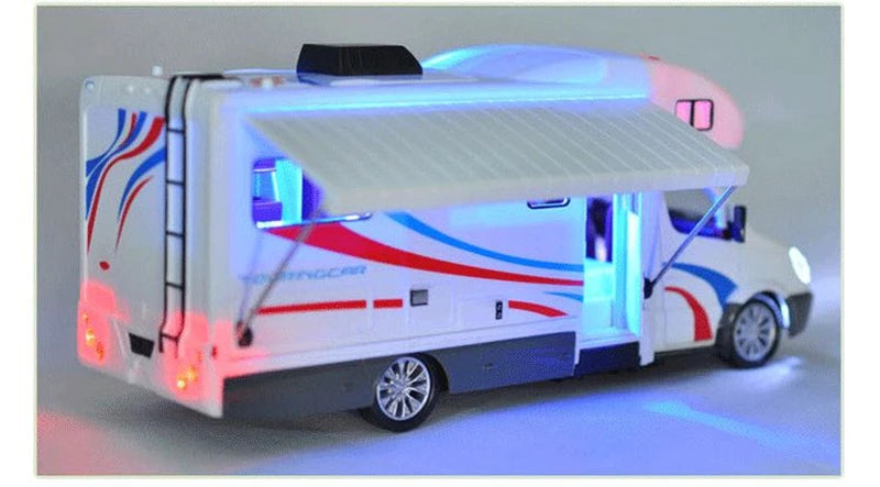 1:28 Diecast Luxury RV Recreational Vehicle Car Model Metal Camper Van Motorhome Touring Car Model Sound and Light Kids Toy Gift.