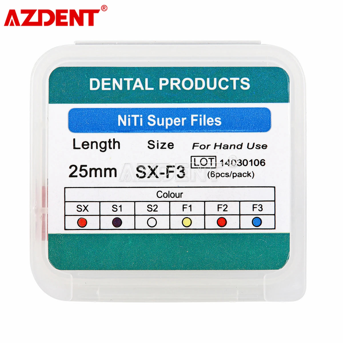 6pcs/Box AZDENT Dental Endodontics NiTi Hand Use Super Rotary File SX-F3 25mm Dental Root Canal File.