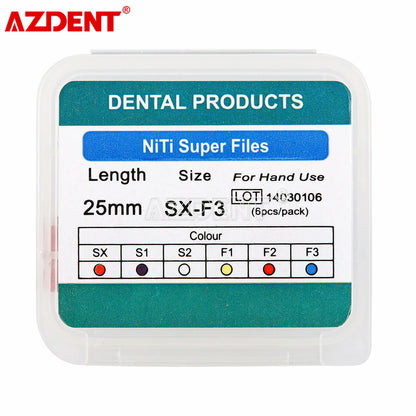 6pcs/Box AZDENT Dental Endodontics NiTi Hand Use Super Rotary File SX-F3 25mm Dental Root Canal File.