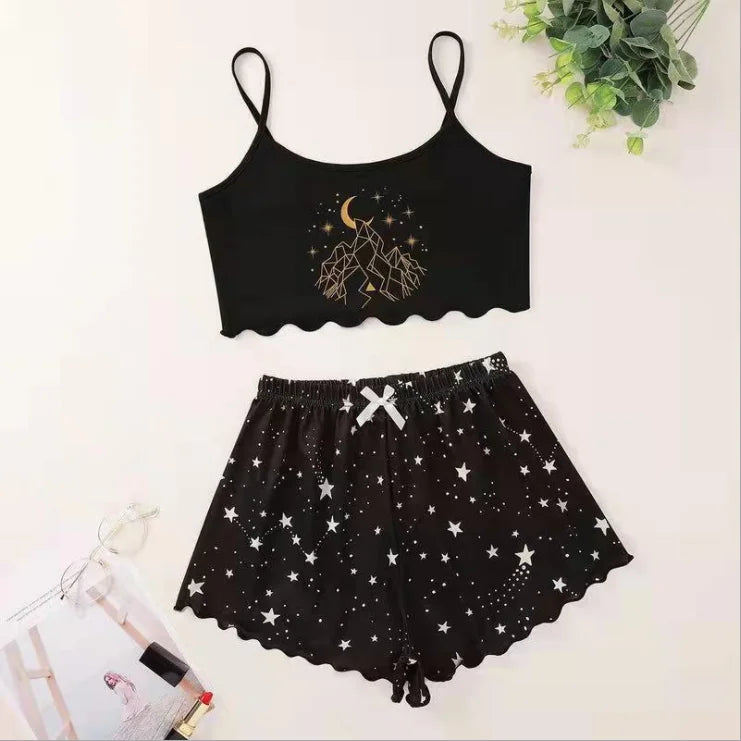 Heiße Damen-Nachtwäsche, süßer Cartoon-Druck, kurzes Set, Pyjama für Damen, Pyjama-Set, süßes Kurzarm-V-Ausschnitt und Shorts, Sommer-Pyjama.