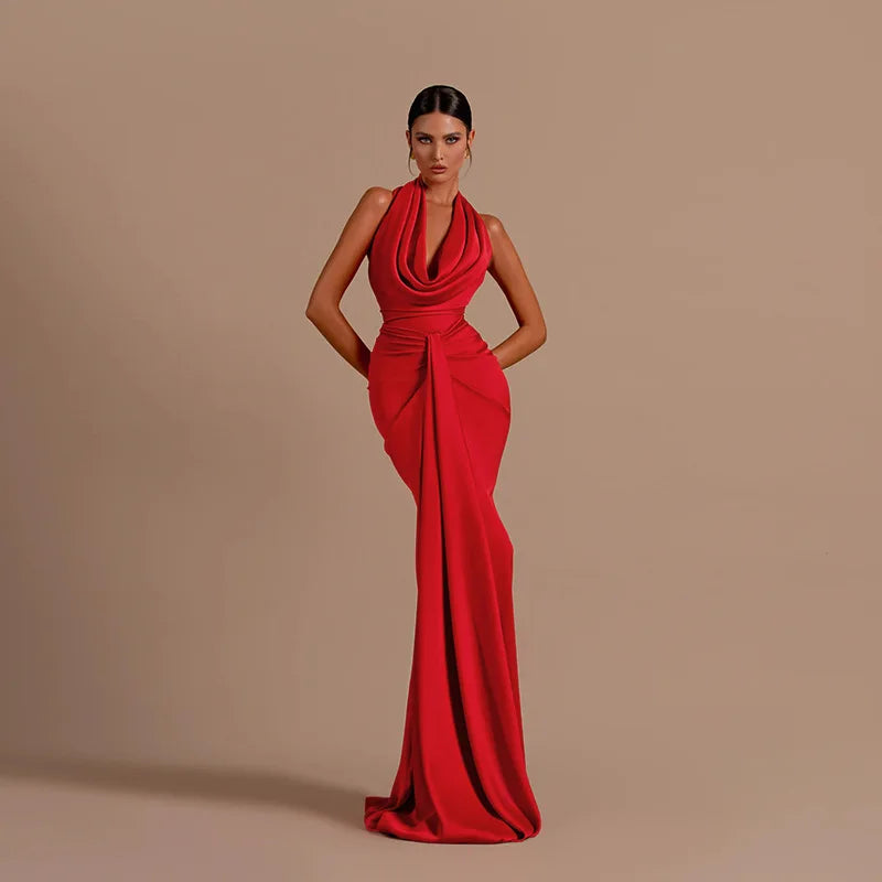 Sexy Swinging Collar Backless Pleated Long Dress Women Red Stain Sleeveless Draped Design Long Dress Club Party Women Maxi Dress.