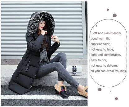 2025, Damen-Daunenparkas, Winterjacke, großer Pelzkragen, dicker, schlanker Mantel, modische Kapuze, Baumwolle, Oberbekleidung, langer Wintermantel für Damen