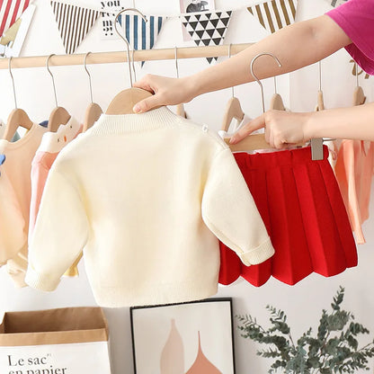 Girls long sleeve knitting suit 2025 Christmas autumn winter new girls sweater cardigan knitting Top + skirt two piece set.
