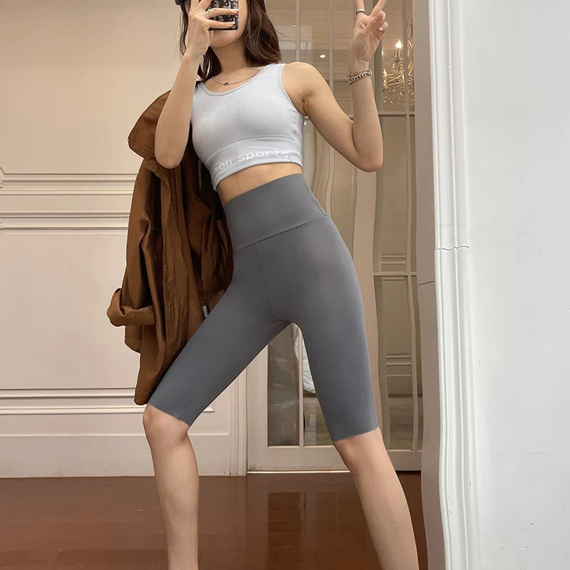 BIVIGAOS Summer Sharkskin Fabric Biker Shorts Women's Thin Black Cycling Shorts Slim Skinny Sport High Waist Fitness Shorts.