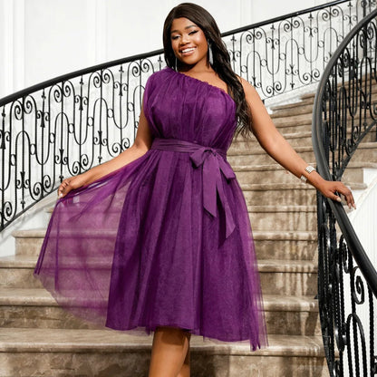 AM040201 African Plus Size Single Shoulder Sleeveless High Waist Skirt Light Mature Elegant Mesh Dress Purple Midi Dress.