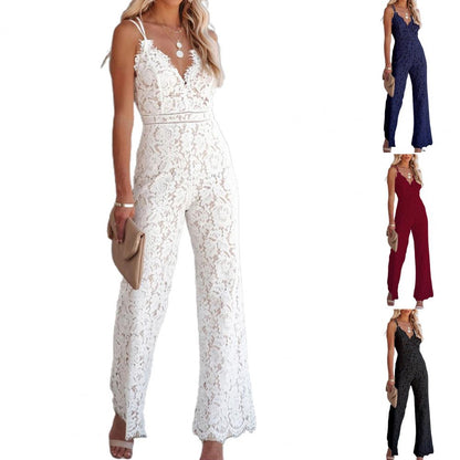 Solid Lace Jumpsuits Women Sleeveless Romper High Waist V-Neck Wide Leg Playsuits and Jumpsuit Women bodysuit Combinaison femme.