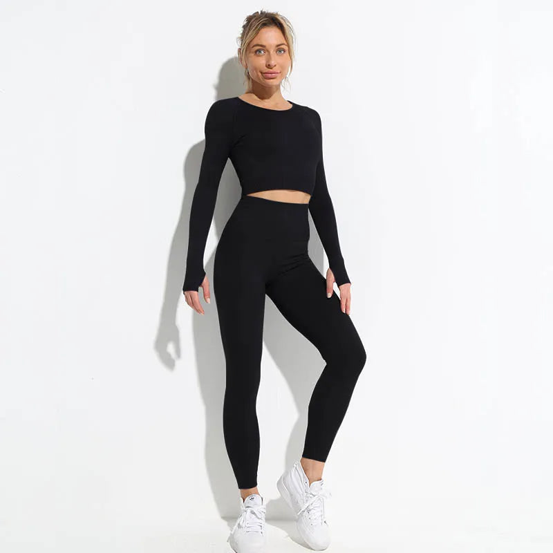 2pcs seamless hyperflex workout sport outfits for women sportswear athletic clothes gym Long Sleeve Crop Top High Waist Leggings