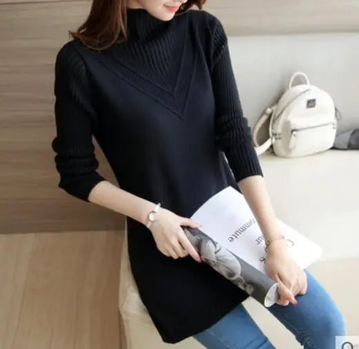 Frühling Herbst Winter Neue Rollkragenpullover Frauen Koreanische Lose Medium Lange Dicke Stricken Top Pullover Bodenbildung Pullover Ziehen