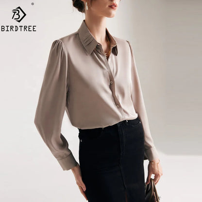Birdtree 19Mm 90% Silk 10% Spandex Dress Shirts Women Turn Down Collars Pleated Tops Long Sleeve Office Blouses Autumn T36521JM.