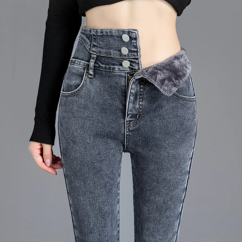 Thermische Winter Dicke Fleece High-taille Warme Dünne Jeans Dicke Frauen Stretch Taste Bleistift Hosen Mom Casual Samt Jeans