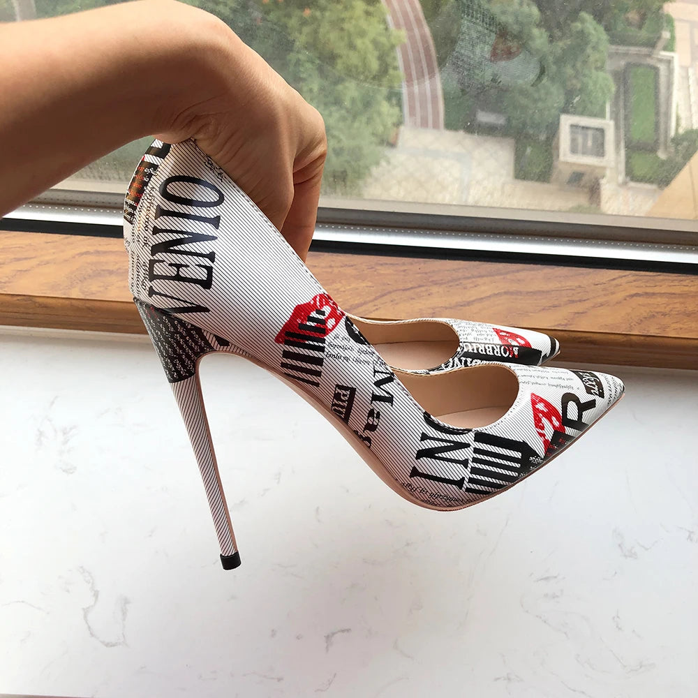 Tikicup Graphic Print Women White Pointy Toe High Heel Dress Shoes Sexy Ladies Slip On Designer Stiletto Pumps Big Size 43 44 45.