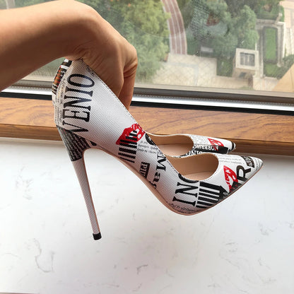 Tikicup Graphic Print Women White Pointy Toe High Heel Dress Shoes Sexy Ladies Slip On Designer Stiletto Pumps Big Size 43 44 45.