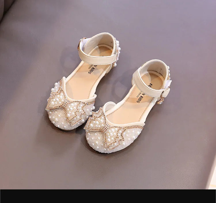 Girls Party Shoes Elegant Rhinestone Fashion Children's Leather Shoes Versatile Sweet Kids Princess Wedding Dress Flats Sandals.