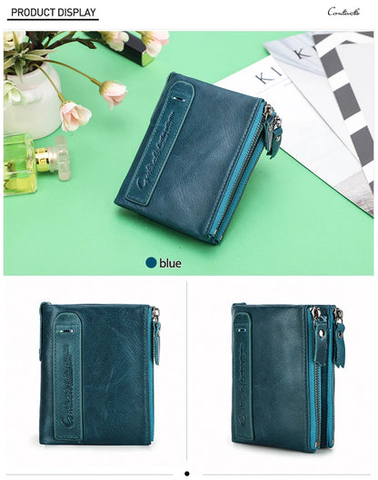 Fashion Genuine Leather Women Wallet Bi-fold Wallets Red ID Card Holder Coin Purse With Double Zipper Small Women's Purse 2022.