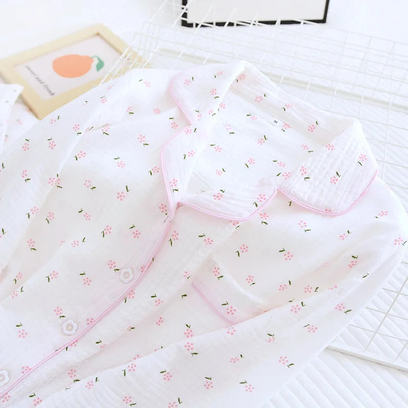 Fdfklak Spring Fall Full Sleeve Homewear Loose 2Pcs Pajama Set 100% Gauze Cotton Casual Print Sleeping Shirt Home Wear Clothes.