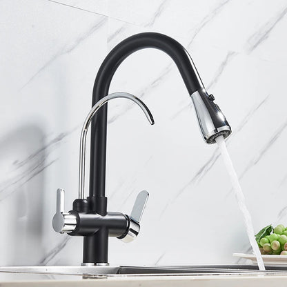 Purification Water Kitchen Faucet Black 360° Rotating Filter Water Faucets Pull Out Sprayer 3 Ways Hot Cold Water Mixer Tap