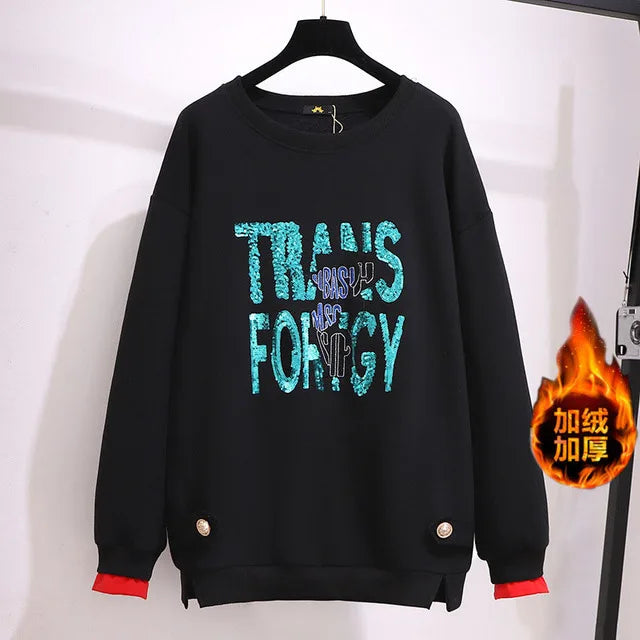 150 kg Übergröße Damen Büste 157 Winter Fleece Lose Pailletten Brief Sweatshirts Rundhals Pullover Top 5XL 6XL 7XL 8XL 9XL