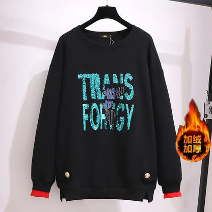 150 kg Übergröße Damen Büste 157 Winter Fleece Lose Pailletten Brief Sweatshirts Rundhals Pullover Top 5XL 6XL 7XL 8XL 9XL