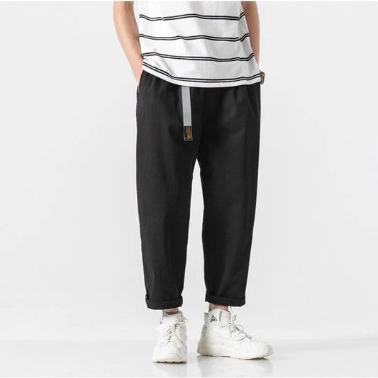 100% Cotton Casual Summer Pants With Belt Men Straight Baggy Ankle-Length Cargo Trousers Wide Leg Sweatpants Male Streetwear.