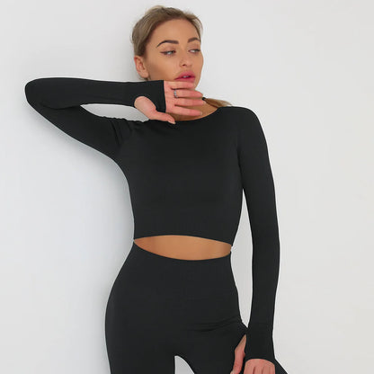 Seamless Athletic Crop Top Woman Sports T-shirts Yoga Top Knitted Shirt Long Sleeve Workout Tops For Women Fashion Gym Clothes