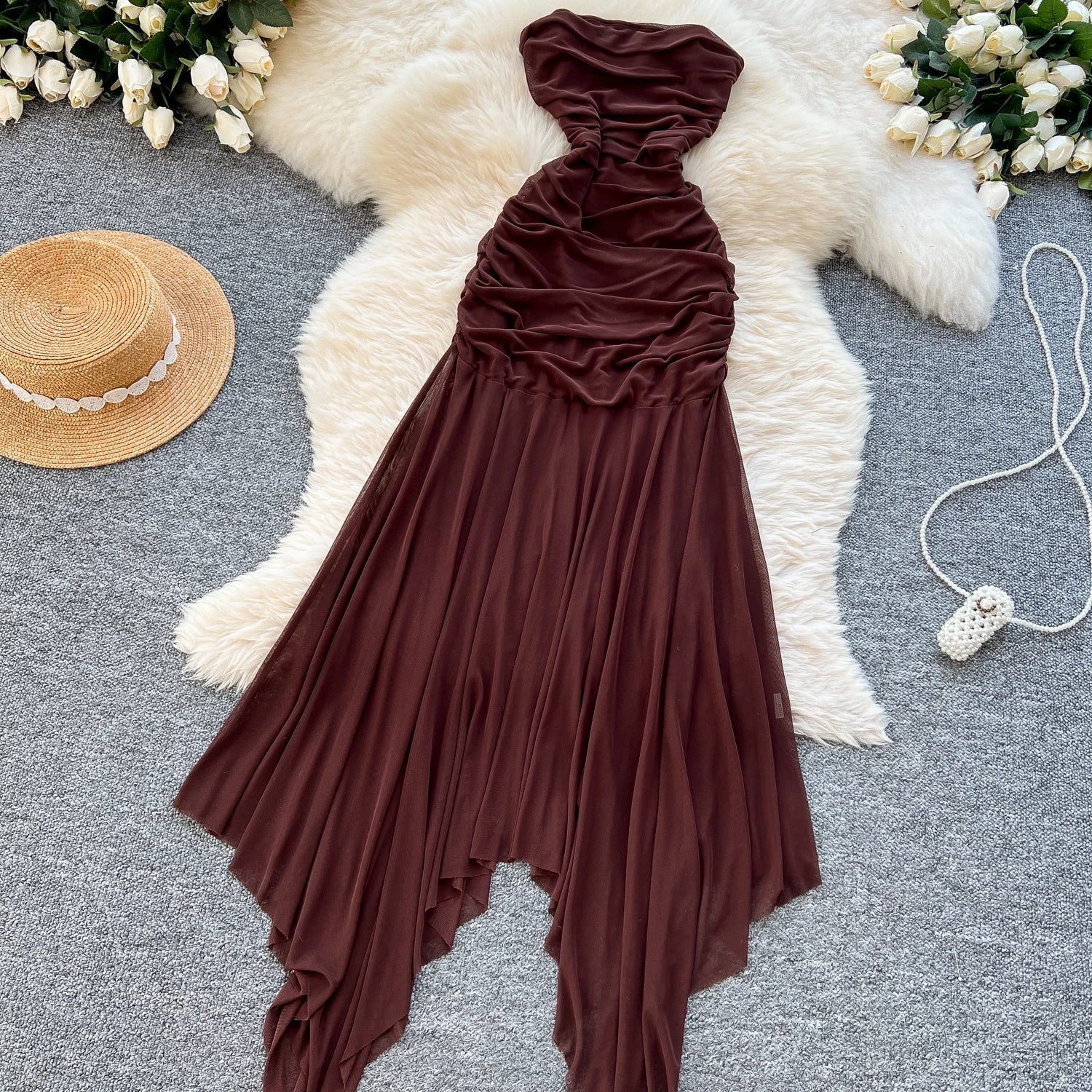 Summer Strapless Asymmetric Tunic Pleated Midi Dress For Women Sleeveless Empire Mesh Dress.