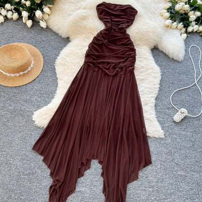 Summer Strapless Asymmetric Tunic Pleated Midi Dress For Women Sleeveless Empire Mesh Dress.