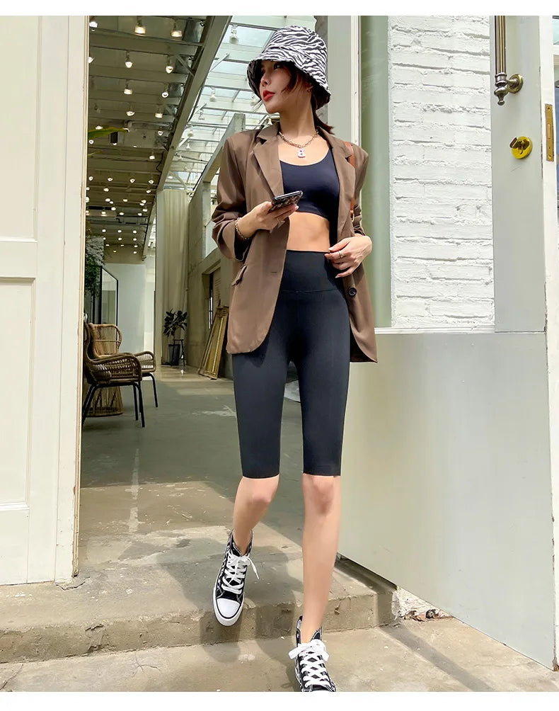 BIVIGAOS Summer Sharkskin Fabric Biker Shorts Women's Thin Black Cycling Shorts Slim Skinny Sport High Waist Fitness Shorts.