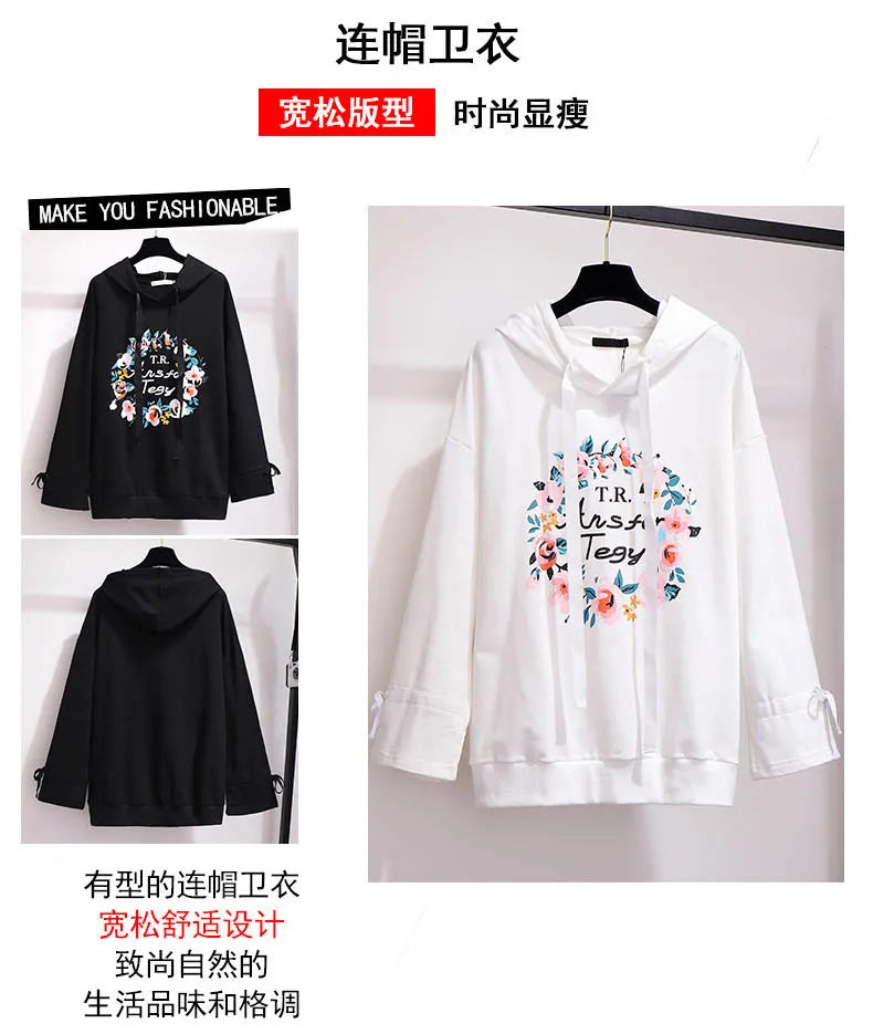 150Kg Plus Größe frauen Frühling Herbst Mit Kapuze Gedruckt Sweatshirt Büste 155cm 6XL 7XL 8XL 9XL 10XL Lange-ärmeln Top Schwarz Weiß.