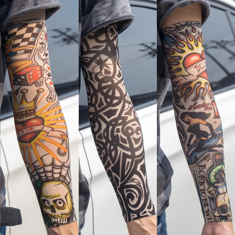 3PCS/lot new mixed 100%Nylon elastic Fake temporary tattoo sleeve skull wolf totem dragon designs body Arm stockings cool men