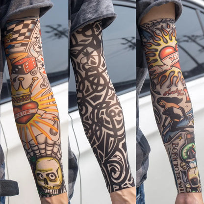 3PCS/lot new mixed 100%Nylon elastic Fake temporary tattoo sleeve skull wolf totem dragon designs body Arm stockings cool men
