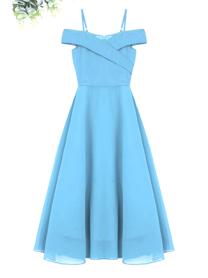 Elegantes Chiffon-Partykleid für Mädchen, schulterfrei, verstellbarer Spaghettiträger, bodenlanges Maxikleid für Hochzeit, Geburtstag, Abend