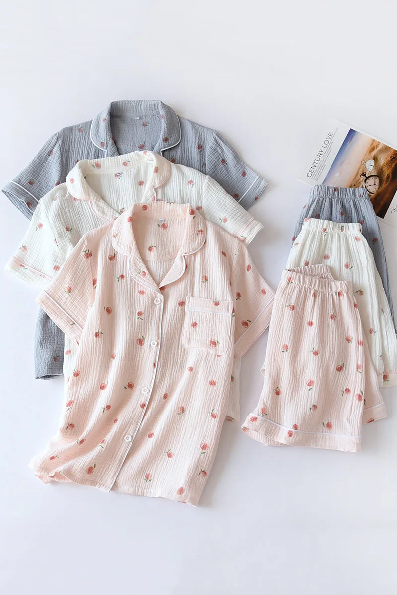 2025 sommer Damen Kurzarm Shorts Pyjamas Set 100 % Baumwolle Krepp Tuch Dünne Hause Service Zwei-stück Frühling und Herbst Lose