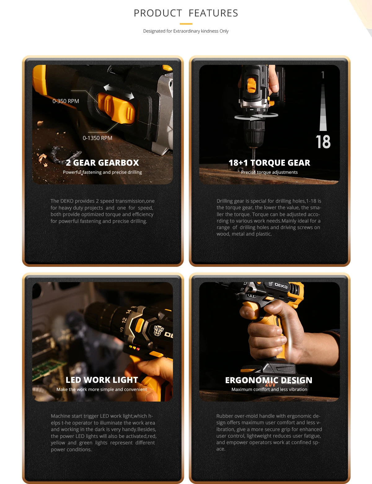 DEKO 12/16/20 V Akku-Bohrschrauber, 2-Gang-Akku, wiederaufladbarer Elektroschrauber, Lithium-Batterie, Kombinationsbox für Elektrowerkzeuge