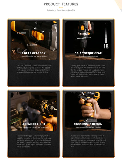 DEKO 12/16/20 V Akku-Bohrschrauber, 2-Gang-Akku, wiederaufladbarer Elektroschrauber, Lithium-Batterie, Kombinationsbox für Elektrowerkzeuge