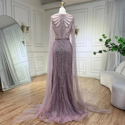Taupe Cape Sleeves O Neck Beaded Evening Dresses Serene Hill LA70638 Mermaid Party Wear Gowns for Women.