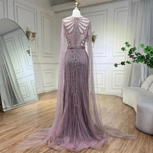 Taupe Cape Sleeves O Neck Beaded Evening Dresses Serene Hill LA70638 Mermaid Party Wear Gowns for Women.