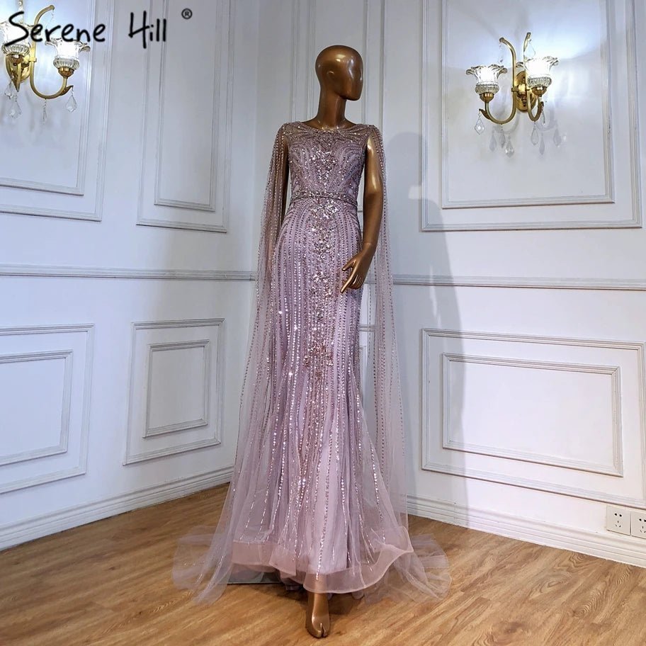 Taupe Cape Sleeves O Neck Beaded Evening Dresses Serene Hill LA70638 Mermaid Party Wear Gowns for Women.