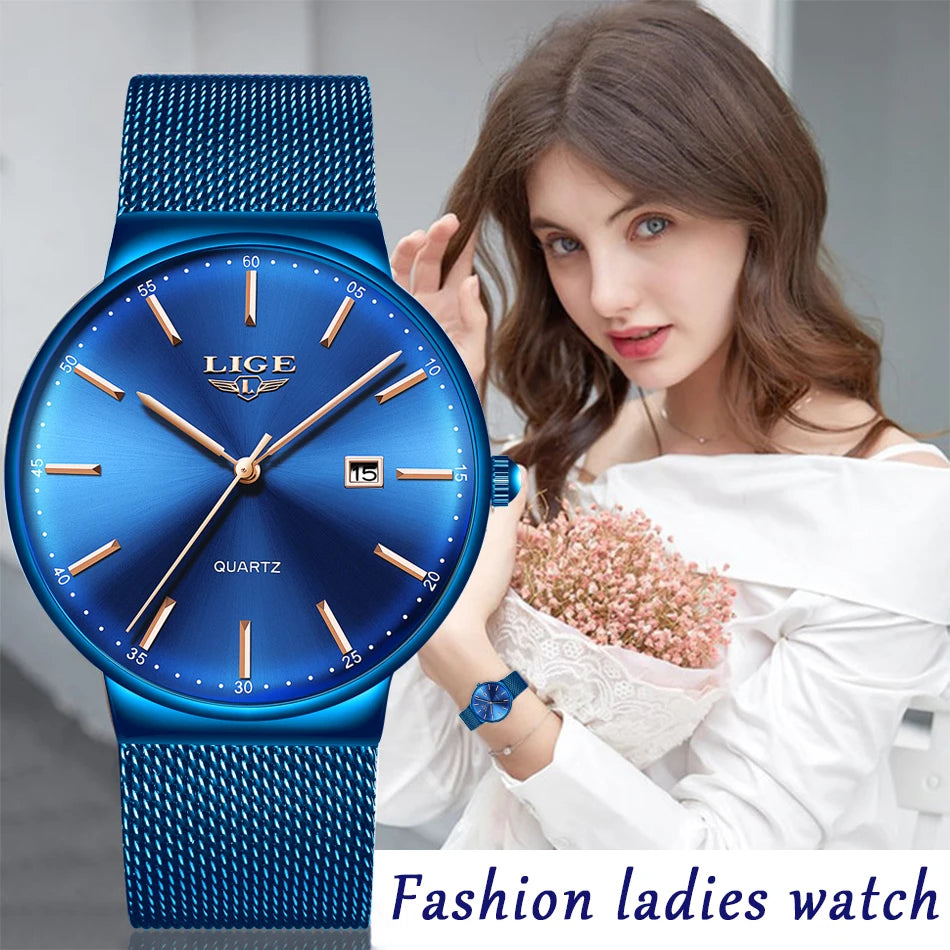 LIGE Fashion Luxury Womens Watch Ultra-thin Steel Mesh Strap Quartz Wristwatch Women Clock Casual Waterproof Watches Reloj Mujer.
