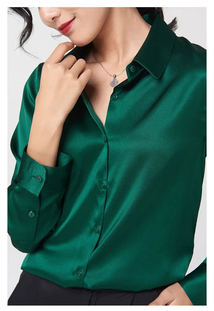 Woman Silk Shirt Long-sleeved Satin Women Blouse 19mm Mulberry Silk Blouse Loose Versatile Base Shirt 95% Natural Silk+5%Spandex.