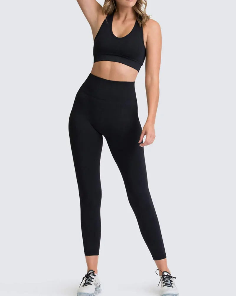 High Waist Elastic Seamless Yoga Wear Women Fitness Clothes Gym Clothing Workout Set Long Sleeve Crop Top Leggings Sports Suit