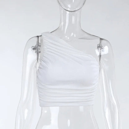 White Tank Top For Women Ruched One Shoulder Crop Top Female Elegant Summer Tops Holiday Beach Cami Top Y2K 2000s.
