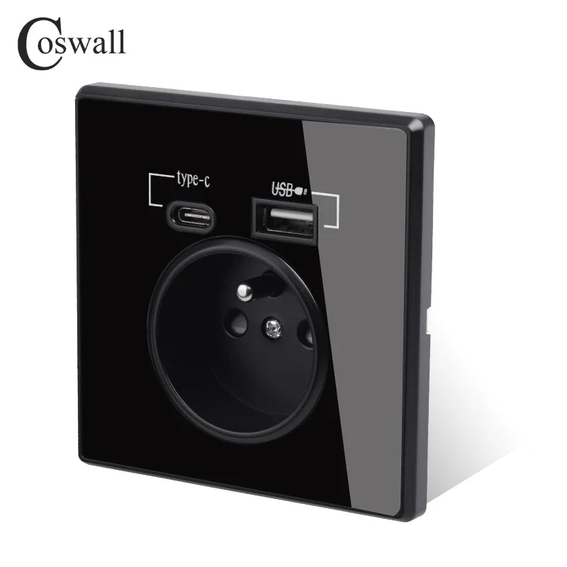 Coswall Typ-C-Schnittstellensteckdose, Vollspiegel, Kristallplatte, schwarze Wand, EU, Russland, Spanien, französische Standardsteckdose mit USB-Ladeanschluss