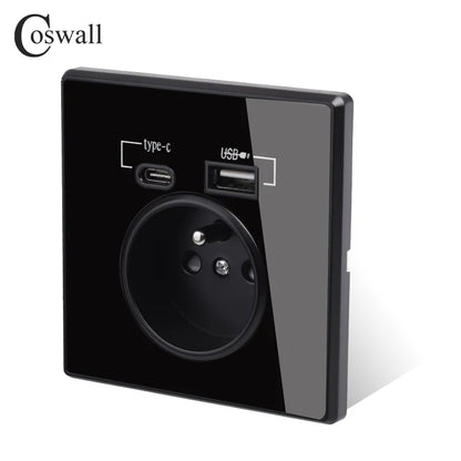 Coswall Typ-C-Schnittstellensteckdose, Vollspiegel, Kristallplatte, schwarze Wand, EU, Russland, Spanien, französische Standardsteckdose mit USB-Ladeanschluss