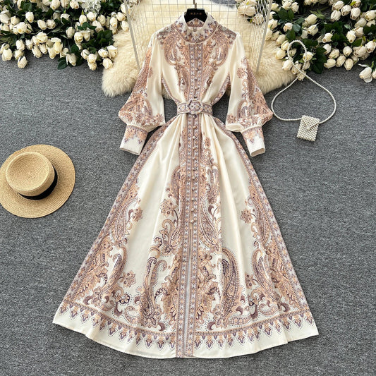 2025 Spring Vintage Stand Collar Tunic Casual Midi Dress For Women Lantern Sleeve Empire Printed Lace Dress.