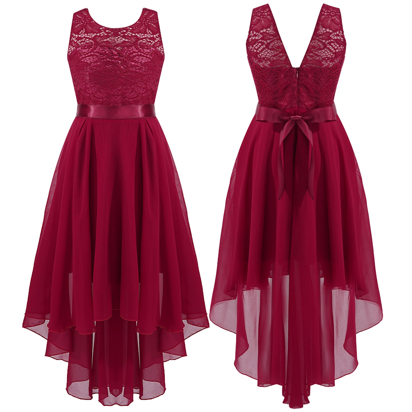 Blumenmädchen-Chiffonkleid mit floraler Spitze, Sommer, ärmellos, hoher, niedriger Saum, formelles Hochzeitskleid für Brautjungfer, Junior, Prinzessin.