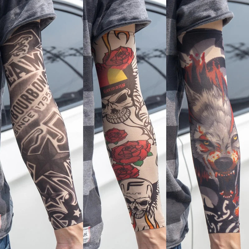 3PCS/lot new mixed 100%Nylon elastic Fake temporary tattoo sleeve skull wolf totem dragon designs body Arm stockings cool men.