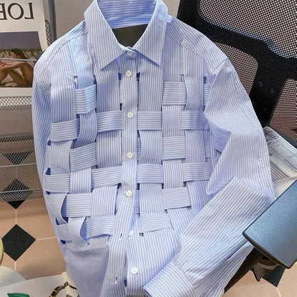 Wholesale 2025 Spring New Blue Long Sleeved Striped Shirts for Women Polo Neck Cool and Elegant Women's Shirts.