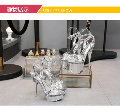 Sexy High Heels For Ladies Modern Sandals Electroplated Heel Women Shoes 2023 New Clear Peep Toe DRESS Crystal Shoes Size 43.
