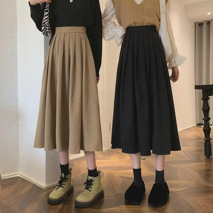 Lucyever Vintage Brown High Waist Pleated Skirt Women Korean Fashion College Style Long Skirt Ladies Autumn Casual A line Skirts.