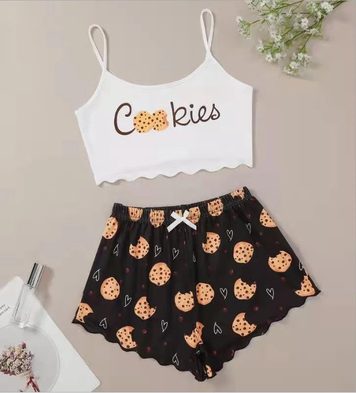 Heiße Damen-Nachtwäsche, süßer Cartoon-Druck, kurzes Set, Pyjama für Damen, Pyjama-Set, süßes Kurzarm-V-Ausschnitt und Shorts, Sommer-Pyjama
